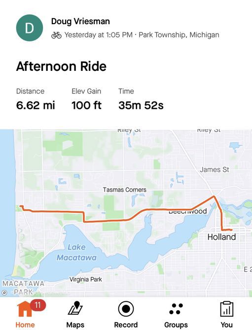 Ride from Tunnel Park to Holland MI